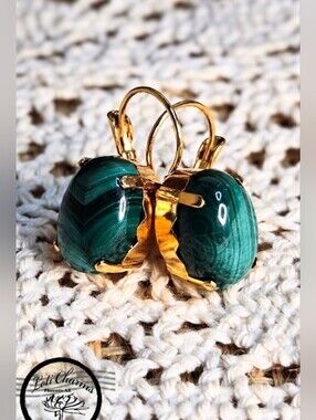 Natural Congolese Malachite In  Single Stone Drop Minimalist Gold Plated Earring
